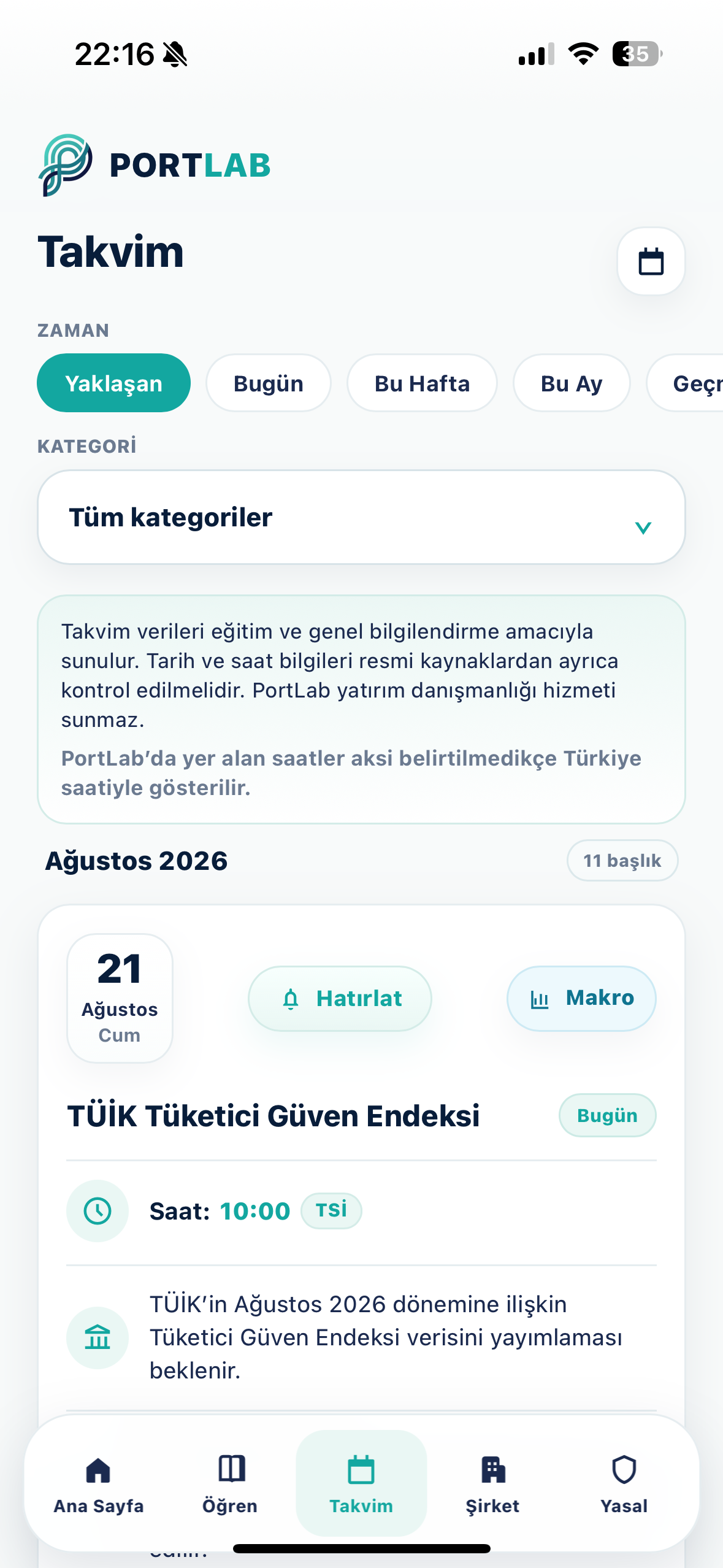 PortLab finansal takvim ekranı