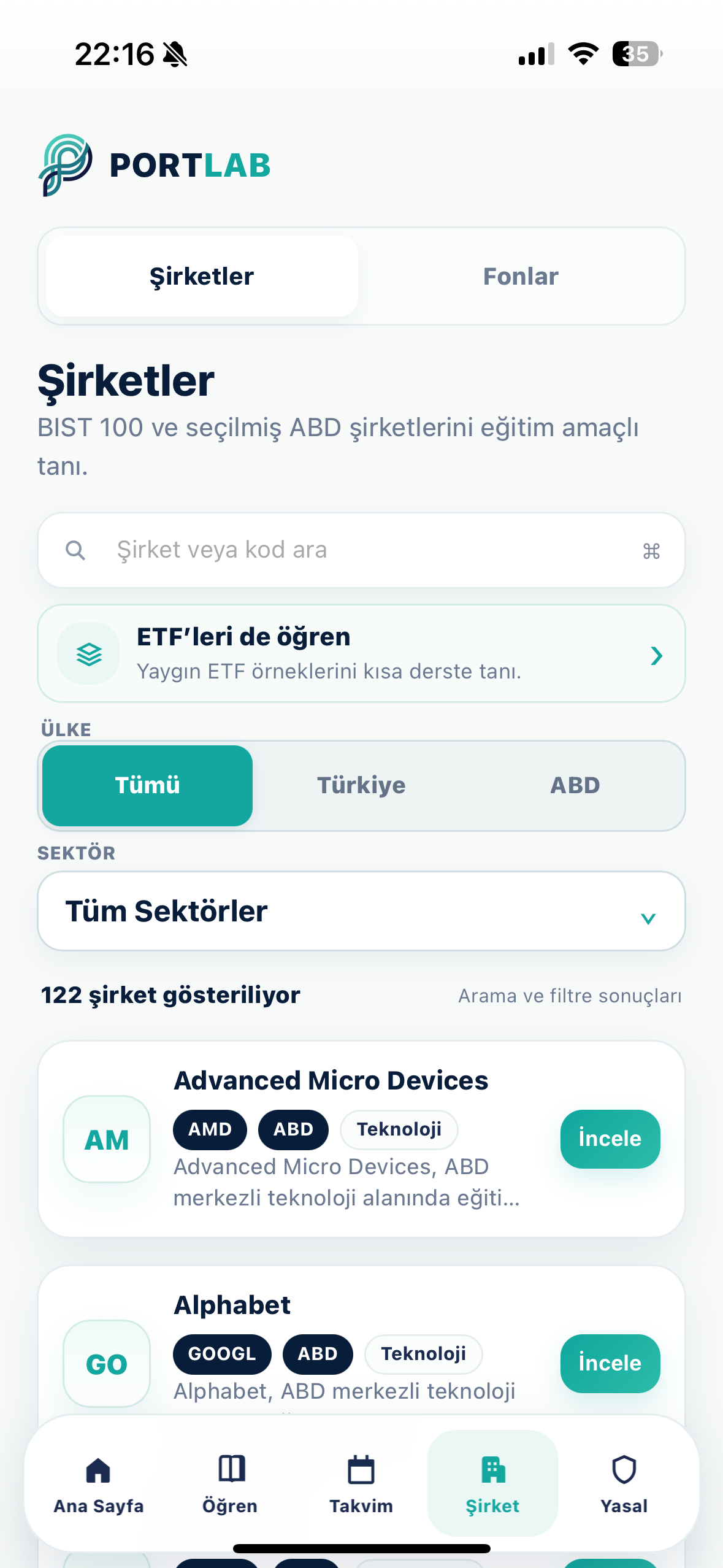 PortLab Şirketler ekranı